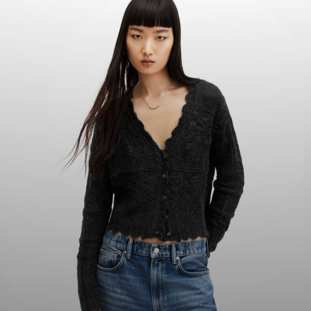 All Saints Vanessa Black Scalloped Cardigan Size Small